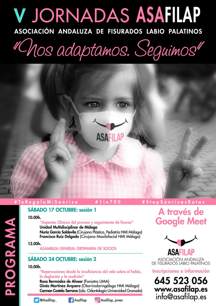 Asafilap_'s tweet photo. Vamos, vamos, que quedan muy pocos días!!! Este sábado nos hablarán dos cirujanos sobre la fisura de nuestros peques y podremos preguntar dudas a través de Google Meet. Escríbenos al correo o al wassap para inscribirte a estas jornadas 😊 #PasoAPaso https://t.co/7zmHn5NghT