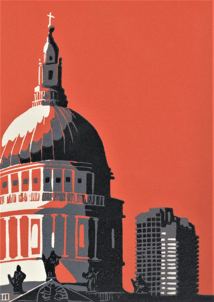 jennie_ing's tweet image. I'm trying to concentrate to write a background piece to this new #linocut before it goes to be shown at @WattsGallery  next month.  It's also on show at @Greenwichprints 
It's got two of my favourite London buildings #stpaulscathedral and #barbican