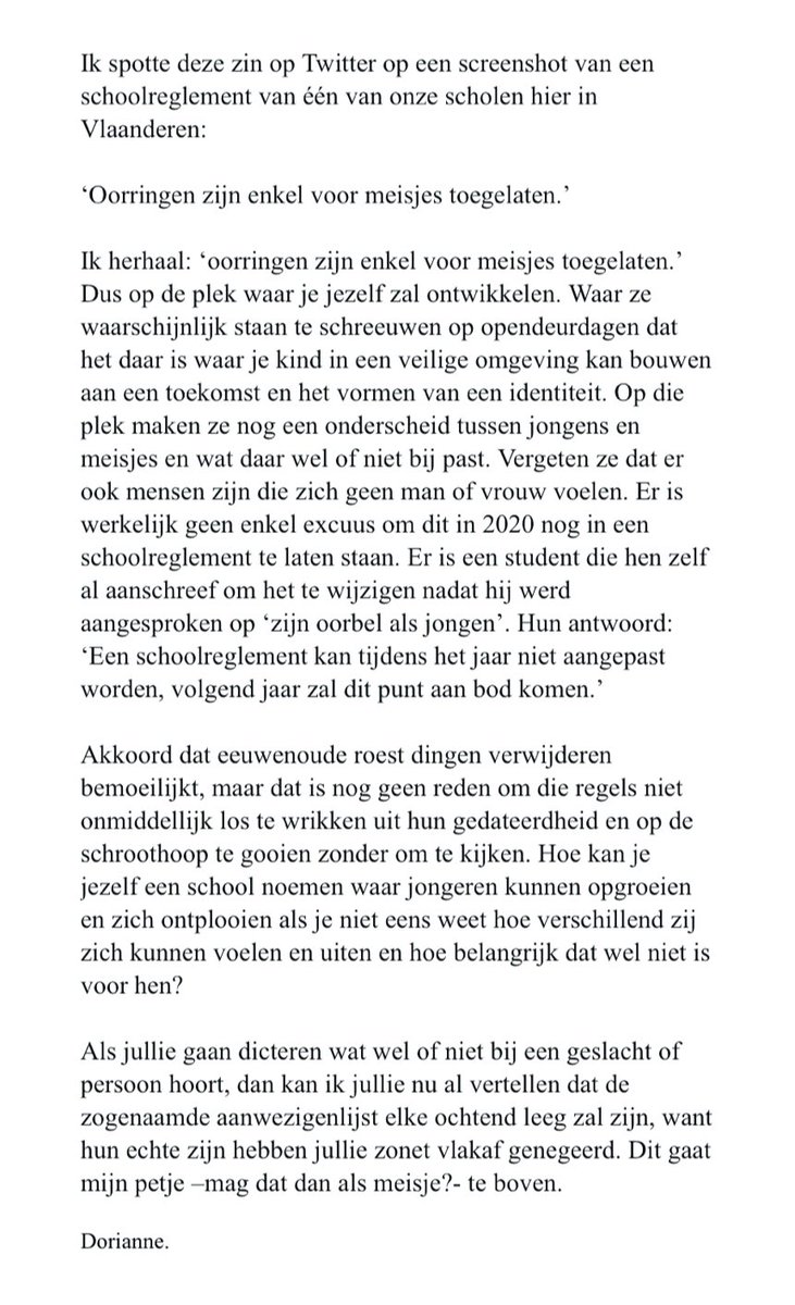 DorianneAussems's tweet photo. Aan alle scholen, leerkrachten en directie die dit lezen: lees goed, lees jullie schoolreglement nog eens na met een koffie erbij en pas aan waar nodig. Het is voor onze toekomst. https://t.co/b1V473zii3