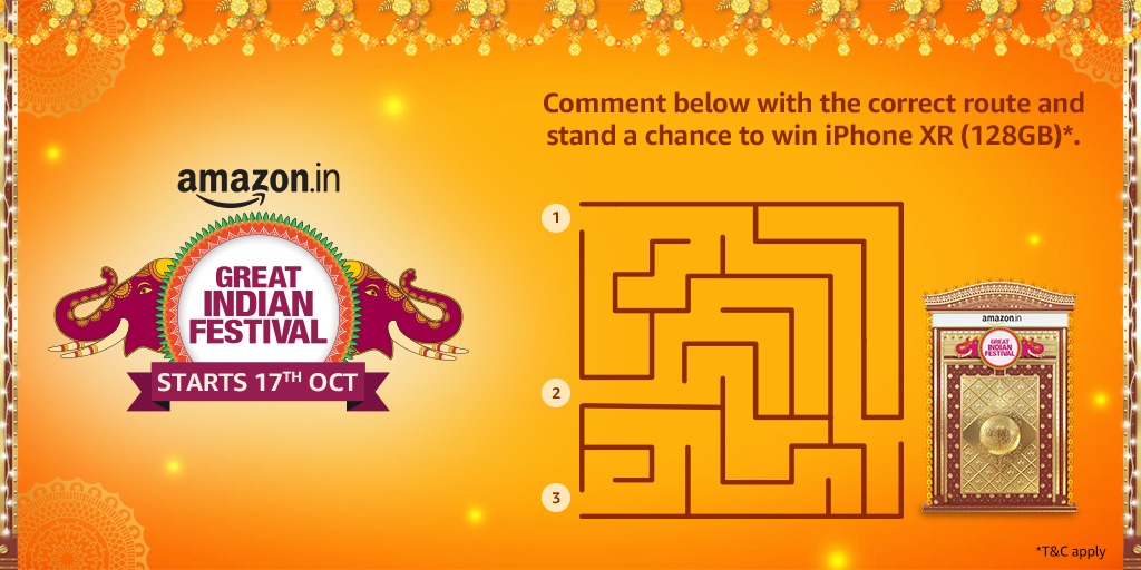 Find the correct route to the Door to Happiness and stand a chance to win an iPhone XR (128GB)*!
Hurry contest ends 9 P.M. tonight!
PS: Don't forget to tag us @AmazonIN &amp; add the hashtag #AmazonGreatIndianFestival