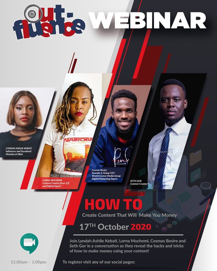 OutsyderKE's tweet photo. Are you ready to talk money and content?? Join us for our first ever #outfluencewebinar on 17th October to teach you the tricks and hacks of monetising content with experts drawn from various sectors💯💯🔥
Register now🔥
To register: https://t.co/XYY2TJG9AK
#outfluence https://t.co/CCreVNWnGY