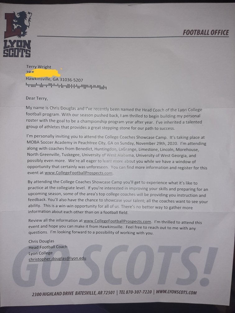 TerryWright21's tweet photo. Beyond blessed to receive my first two camp invites to showcase my skills. Thanks @LyonHBC and @coachjoshdean for the invite. @RecruitGeorgia @Rivals @CoachSchuman @247Sports @HawkinsvilleF https://t.co/HOoMJ76w1L