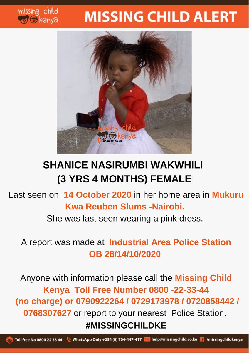 MISSING CHILD ALERT– MUKURU KWA REUBEN - NAIROBI.  Shanice N. Wakhwili (3 yrs 4 months) was last seen on 14/10/2020. Please share alert to help reunite her with family. #MISSINGCHILDKE @KenyanTraffic @Ma3Route @DCI_Kenya @DCS_Kenya @ODPP_KE @APSKenya @NPSOfficial_KE  @mukuruYI