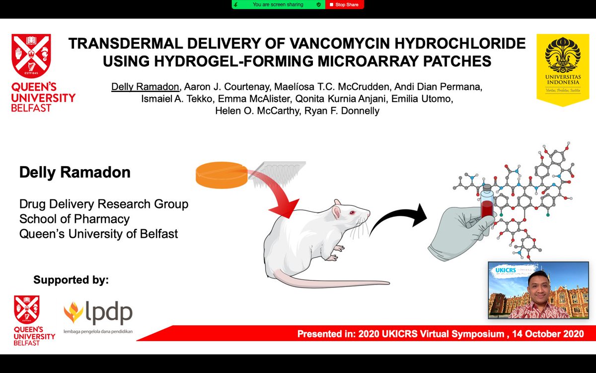 I feel so honoured to be selected as an oral presenter at @UKICRS virtual symposium. Many thanks to my supervisors: Prof @ryanfdonnelly, Dr @maeliosa_mc and Dr @AJCourtenay, also my colleagues in Microneedles research group for helping me to complete this research.