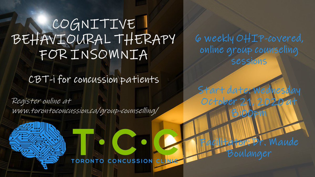 TO_Concussion's tweet photo. Have you registered? Join us in our newest #virtual group MD #psychotherapy on cognitive behavioural therapy for #insomnia - 6 weekly sessions beginning Wednesday Oct 21st @8pm. Sign up here: https://t.co/EenXcGojnw @TO_Concussion #concussion #TBI #CBT #sleep https://t.co/pGKaMaefQ0