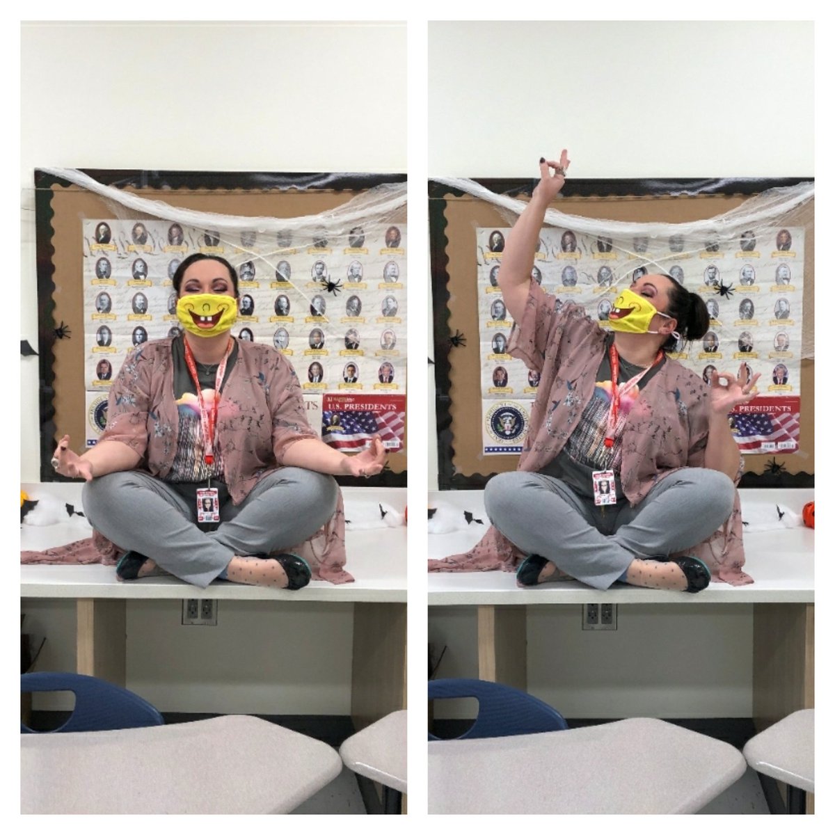MrsCastings's tweet photo. How do teachers meditate these days? Apparently #betweenclasses lol. #Tryingitout #notgoodatslowingdown
#theonewherewemeditated 
#CHSselfcarechallenge #alwayssmile #Masks #ValueYourTime #socialstudies #USHistory #APGOV #teacherlife https://t.co/W10MpwJczT