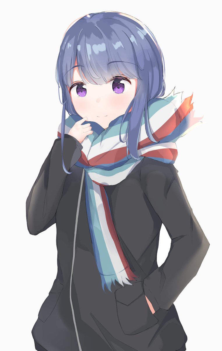 shima rin 1girl solo scarf purple eyes blue hair hand in pocket white background  illustration images