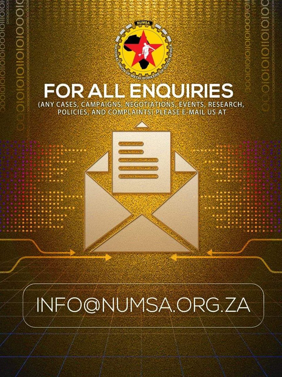 Numsa_Media's tweet image. For any queries on cases, campaigns, negotiations and complaints kindly email....👇🏾👇🏾
Or alternatively call the NUMSA head office number 0116891700 during office hours.