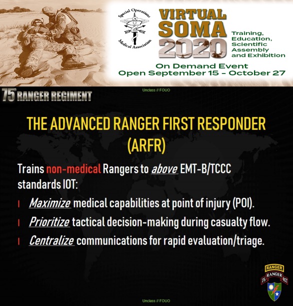 SpecOpsMedics's tweet photo. Gain insight from the #75th #RangerRegiment and their #ARFR only at #VirtualSOMSA Register here: https://t.co/ypdba2WpkV
#trauma #medicine #mascal
@NARescue @CommitteeonTCCC @75thRMED @NextGenComMed https://t.co/S5AGlcLn1G