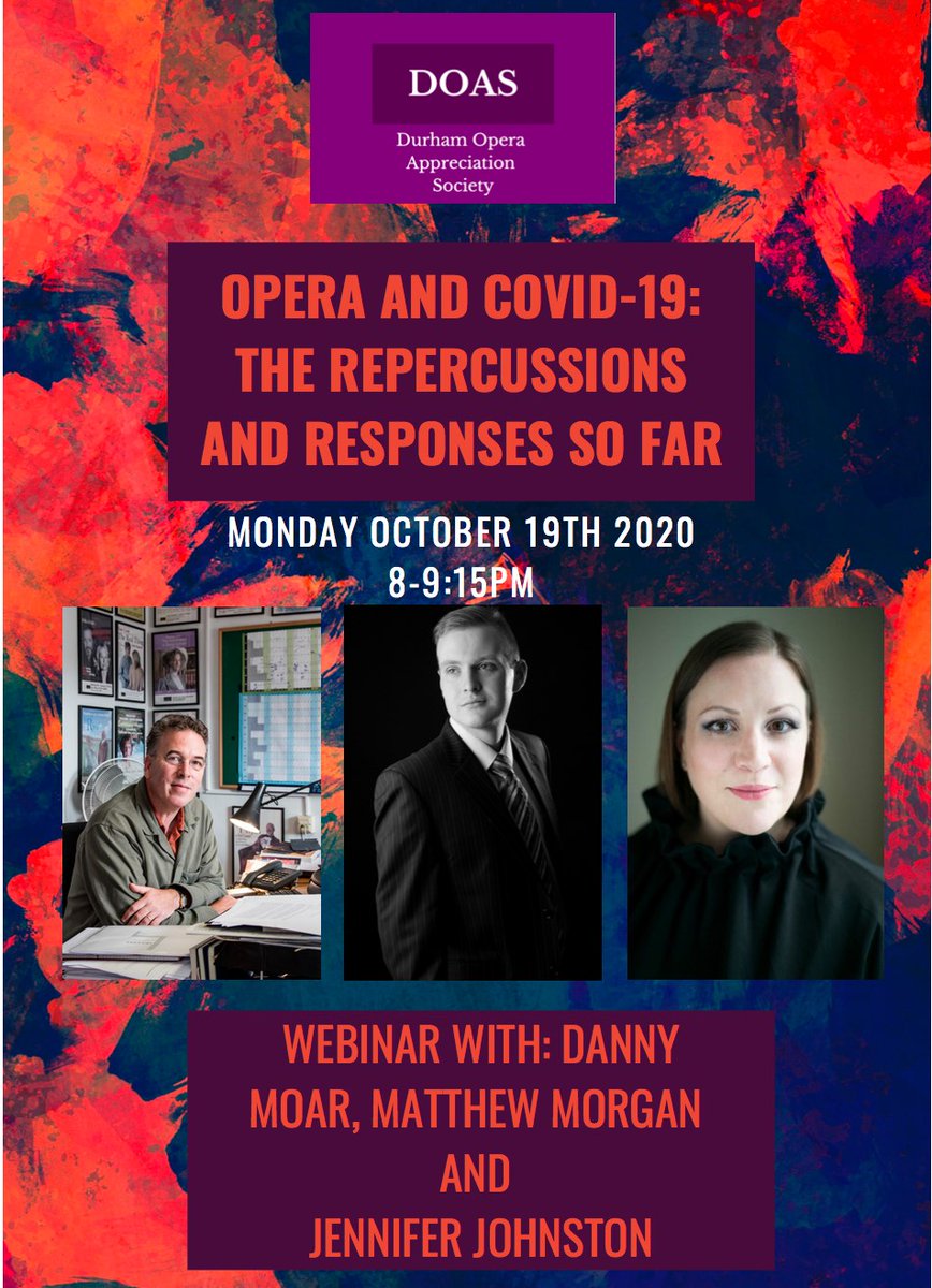 OperaDurham's tweet image. How is opera responding to the threats of COVID-19?
Join us on Monday 19th as we hear from Danny Moar, Matthew Morgan, and Jennifer Johnston.
During this time of uncertainty, DOAS wants to explore ways in which the pandemic can open up new pathways for opera.