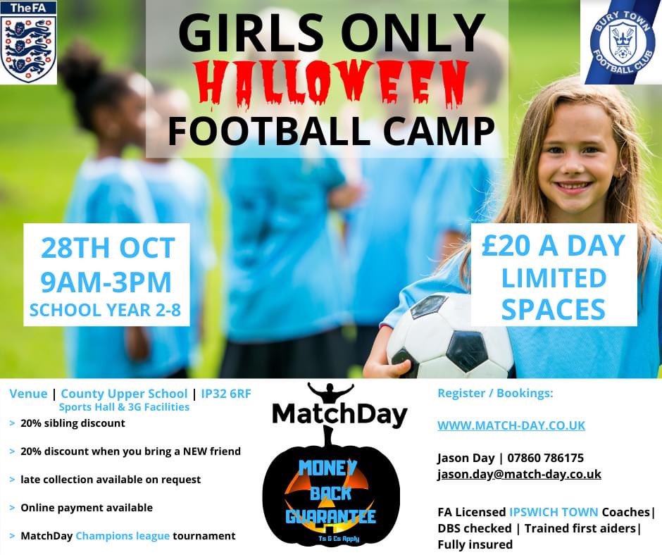 Match_Day2019's tweet photo. 👀😵 Only TWO weeks until our GIRLS ONLY Halloween Football Camp on the 28th of October 👱‍♀️⚽️

Don’t miss out on all the fun‼️

Bookings- info@match-day.co.uk

#MoneyBackGuarantee
#girlsonly #playlikeagirl
#football #community #friends #skills #fitness #mentalheath #footballslife https://t.co/win3Y9J6jh