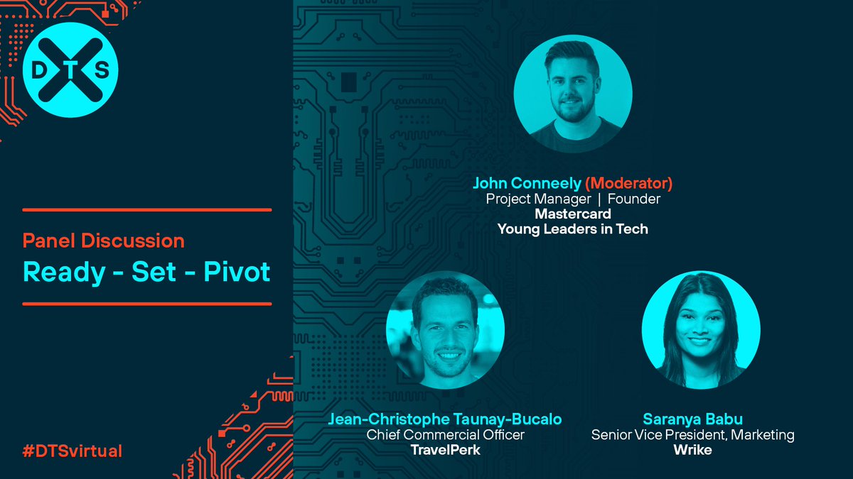 DubTechSummit's tweet photo. Scale X: ✨ John Conneely @mcirlstaff is leading a panel discussion: 'Ready - Set - Pivot' with insights from Jean-Christophe Taunay-Bucale @travelperk and Saranya Babu @wrike ✨#DTSVirtual https://t.co/u3xtnVy4AP