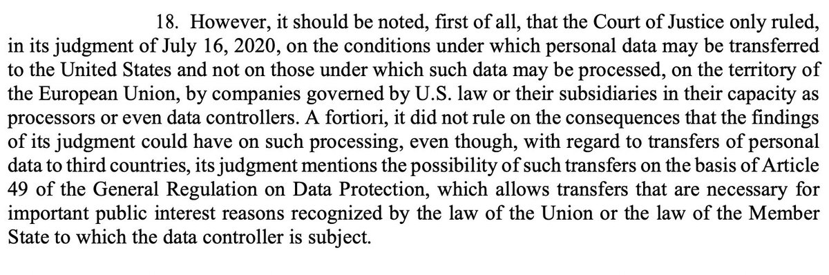 The French Court reframes correctly debate by saying that this point has not been discussed by CJEU.  #SchremsII was about data transfers for commercial/service purposes. It was NOT about whether US law has an extraterritorial effect & under which conditions a US company... (6)