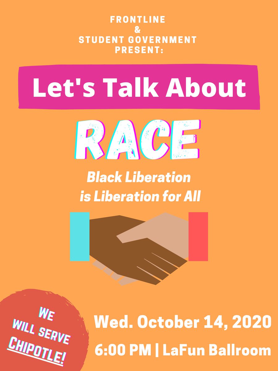 Join Student Government’s Department of Diversity and Inclusion and Department of Student Life for a resource fair on providing resources on how we can all support inclusion efforts from 4:00-6:00pm on Fieldhouse Mall. Food from local Black owned businesses will be available.