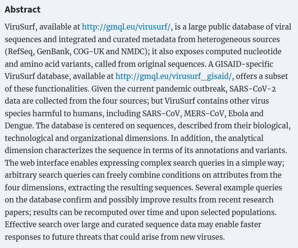 damianosmel's tweet photo. ViruSurf: an integrated database to investigate viral sequences 🧬🖥️
@acanakoglu, @piepino , Anna, Tommaso e Stefano
@l3s_luh 

live: https://t.co/XQmvv0n01g

manuscript: https://t.co/OuNiegF7SN

Open to your users feedback! RT ;) https://t.co/tPCSKo08k0