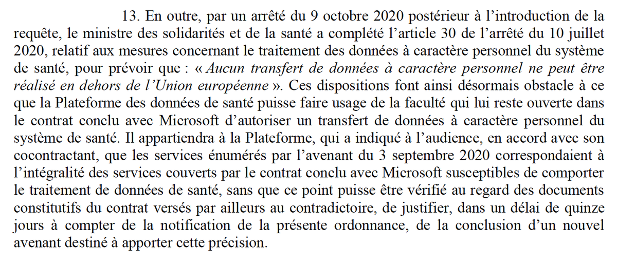 ......should process data solely in Europe or be able to oppose US requests if indeed found trapped in a conflict of laws situation. The Court also notes the importance of a new blocking statute adopted by France prohibiting any transfer of HDH data outside EU. (7)