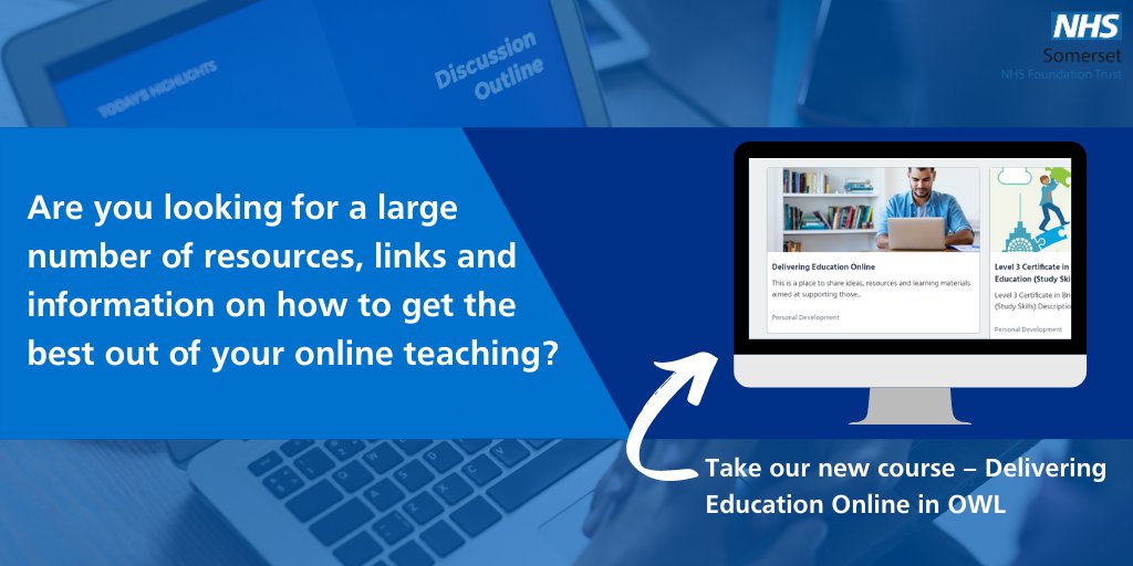 somNHS_LD's tweet image. Are you currently delivering education online? The TEL team have just released the &apos;Delivering Education Online&apos; course on OWL, which includes the latest advice, evidence &amp;amp; resources to equip you to do this effectively and efficiently.

Course link: bit.ly/34YFrvk