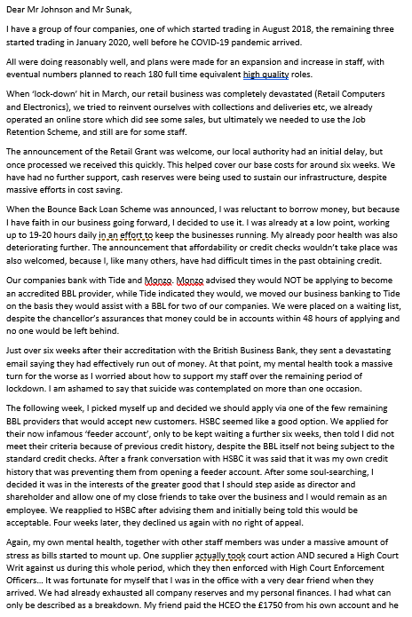 StrugglingSME's tweet photo. An open letter for @BorisJohnson and @RishiSunak , aided by @BritishBBank , @HSBCUKBusiness , @TideBusiness and @Conisterbank . Enough is enough - DO NOT PLAY WITH PEOPLES LIVES OR LIVELIHOODS. You are harming peoples mental health! @Bounce_BackLoan @TideBankFailed https://t.co/OevBznR8Lm