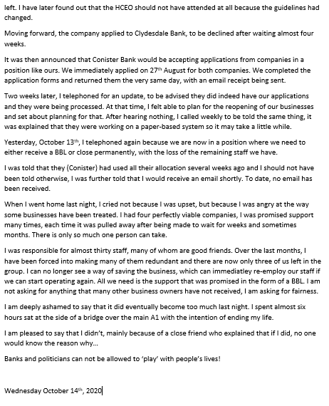 StrugglingSME's tweet photo. An open letter for @BorisJohnson and @RishiSunak , aided by @BritishBBank , @HSBCUKBusiness , @TideBusiness and @Conisterbank . Enough is enough - DO NOT PLAY WITH PEOPLES LIVES OR LIVELIHOODS. You are harming peoples mental health! @Bounce_BackLoan @TideBankFailed https://t.co/OevBznR8Lm
