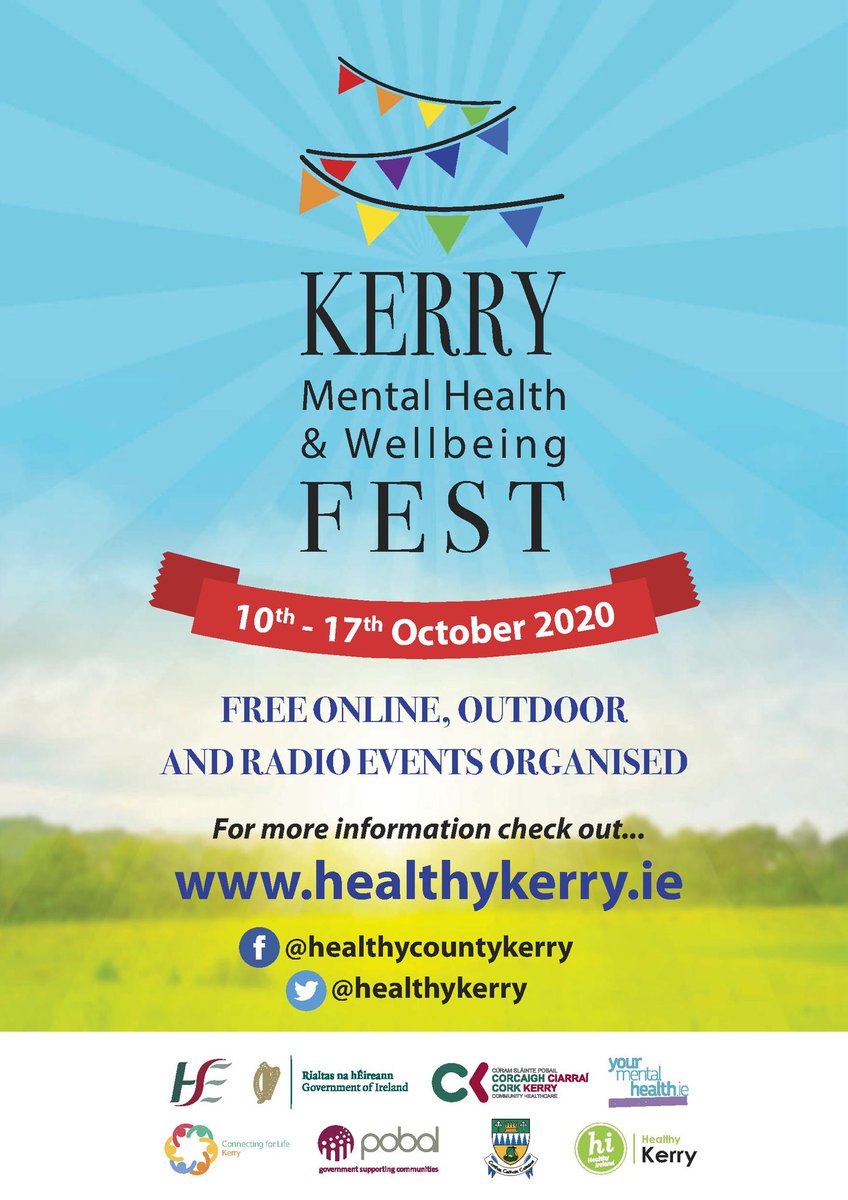 KDYS YIS Is Delighted To Announce Our Involvement In Kerry Mental Health & Wellbeing Fest 2020 On Fri 16th Oct We Will Run Two Online “Positive Wellbeing Workshops”@ 4.30-6.30pm & 7.30-9.30pm For Young People 12-18 Years To Register Contact Anne (087) 7801575 @healthycountykerry