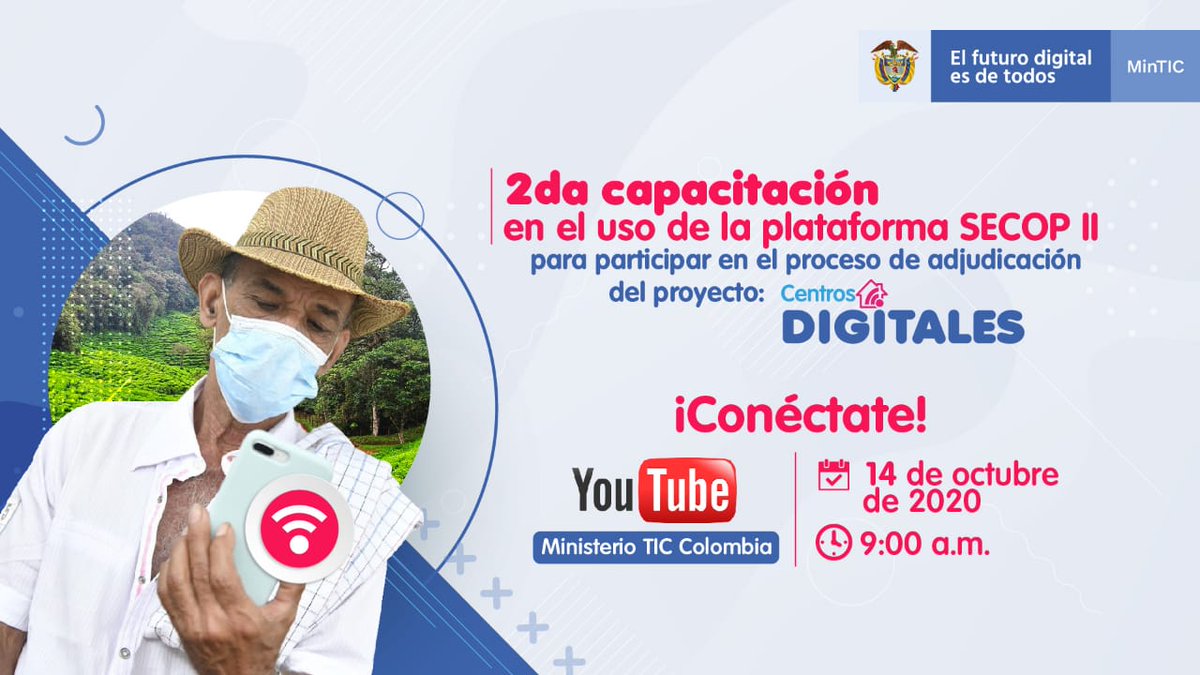 Invito a los operadores interesados en participar en el proceso de adjudicación del #Proyecto10K: Centros Digitales, a conectarse hoy a la capacitación que realizará <a href="/colombiacompra/">Colombia Compra Eficiente</a> sobre el uso de la plataforma SECOP II. Pueden seguir la transmisión 👉🏽bit.ly/2FqG4Fp.