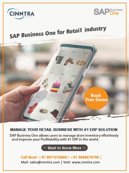 Cinntra1's tweet photo. SAP provides an integrated digital platform for retailers to pursue innovative business models by delivering a personalized customer experience where they can manage Purchase, sales, returns, etc.
Call Now! +91 9971576860 / +91 9968579706 | Visit: https://t.co/d6MxUOKFAV #SAP https://t.co/ANVbaGzV3E