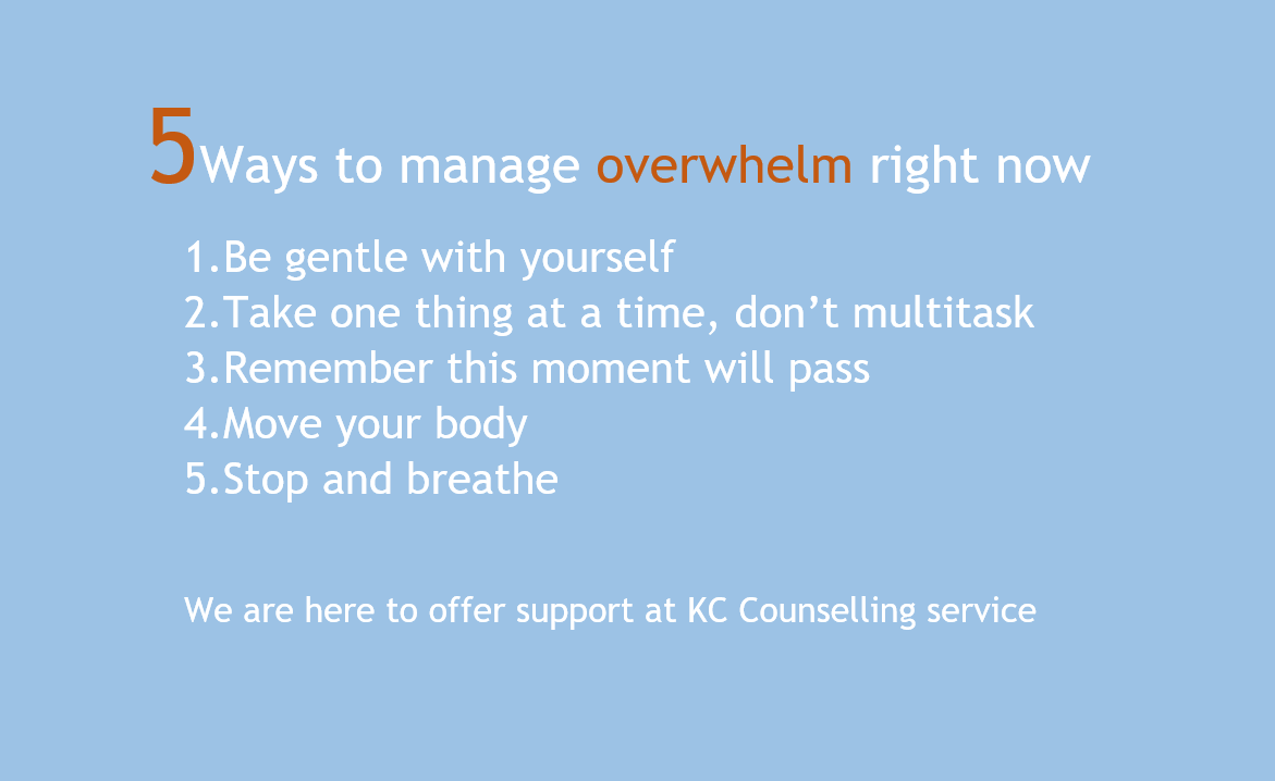 Feeling overwhelmed at the moment? Here are 5 ways to help you manage when things get too much.

#kccounselling #kccounsellingteam #kccollege #kccommunity #counselling
