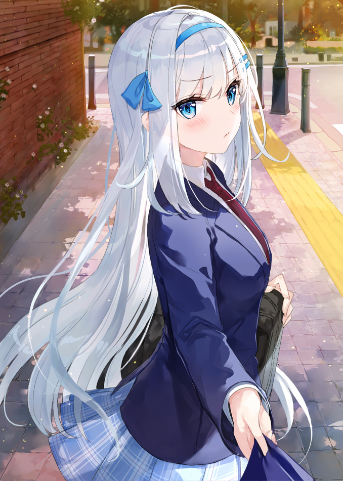 1girl skirt long hair blue eyes school uniform necktie looking at viewer  illustration images