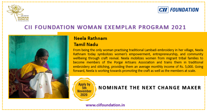 CIIFoundation's tweet photo. Born in the nomadic Lambadi tribe,CIIF #WomanExemplar Neela has gone on 2 revive the forgotten Lambadi craft traditions& leverage it 2⬆️ income 4 women
Nominate such #grassroots change makers for the Woman Exemplar Program 2021
https://t.co/E1o3Ale30U
#CLPIndia @bharat_radhika https://t.co/9VHSCjzawa