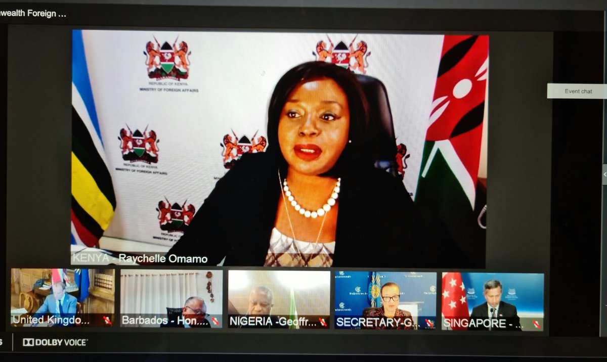 CS <a href="/ForeignOfficeKE/">State Department for Foreign Affairs | Kenya</a> Amb. Raychelle Omamo participated in a virtual meeting of <a href="/commonwealthsec/">The Commonwealth</a> Foreign Affairs Ministers to discuss responses to global challenges and approaches on #COVID19 recovery, and the impact &amp; mitigation of climate change in vulnerable states <a href="/DominicRaab/">Dominic Raab</a>