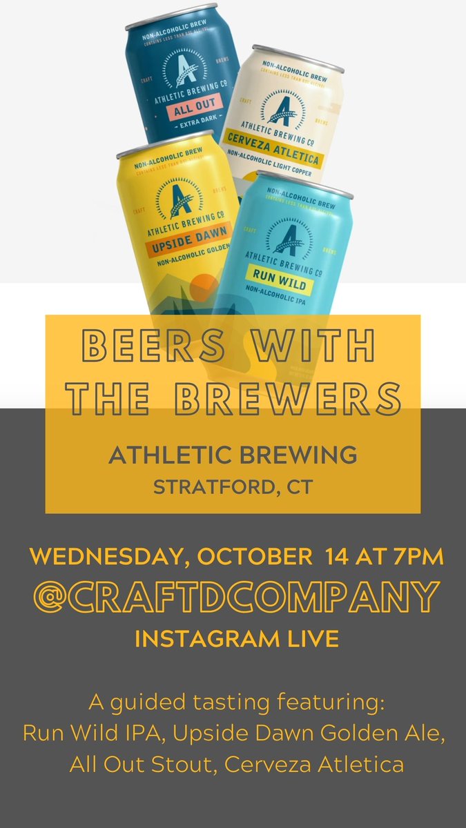 CraftdCompany's tweet photo. TONIGHT! Join us for a Virtual #BeersWithTheBrewers with non-alcoholic brewery, @AthleticBrewing at 7pm on Instagram Live. We're going to learn all about how they're shattering the misconceptions around non-alcoholic craft beer.

Get the details: https://t.co/WOVVLtSgmr https://t.co/fqhp5dlHkc
