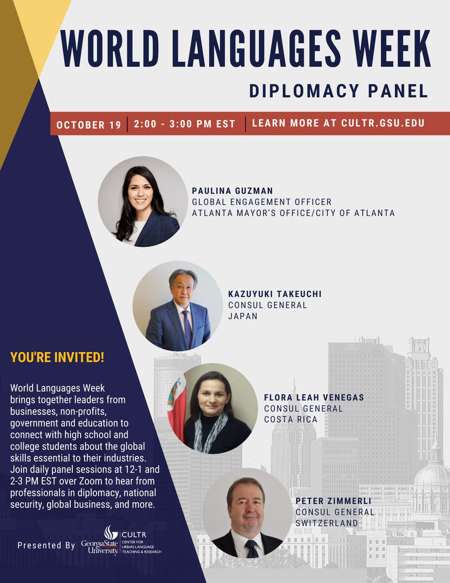 ATLIntlAffairs's tweet image. NEXT WEEK is World Languages Week @CULTR! Join @ATLIntlAffairs’ @PauGuzATL on Mon. 10/19 at 2pm for a #Diplomacy panel with Consul Generals Kazuyuki Takeuchi of Japan, Flora Venegas of Costa Rica, &amp;amp; Peter Zimmerli of @SwissCGAtlanta!

Link to register👉bit.ly/3lKkgUz