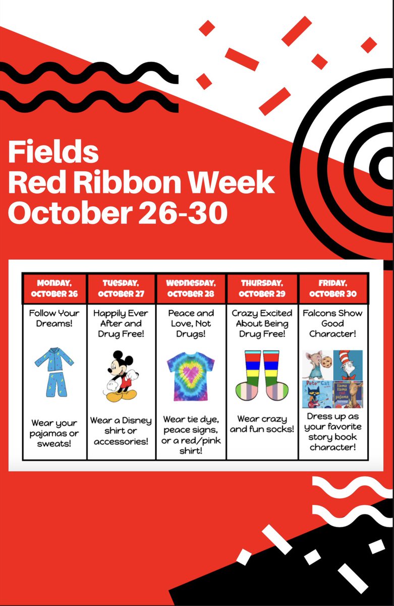 Red Ribbon Week will be October 26th-30th, Falcons! ❤️ <a href="/NISDFields/">Fields Elementary</a>