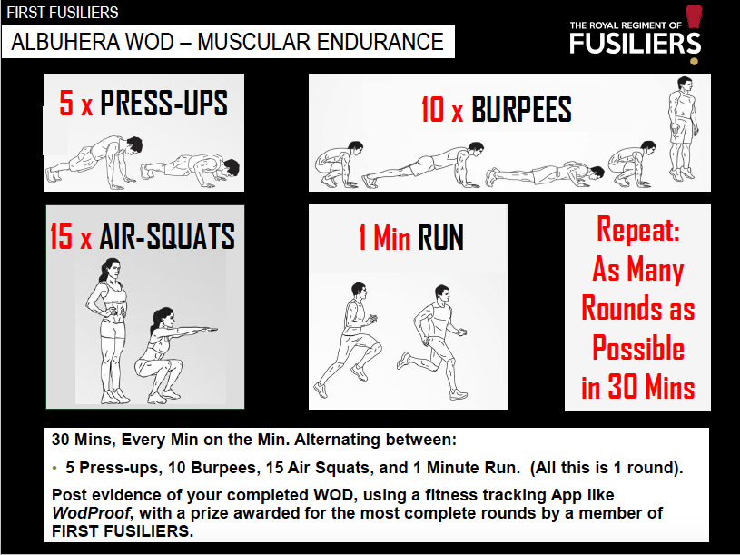 FirstFusiliers's tweet photo. Still smashing the phys on leave? Get this WOD down-you, and challenge a mate for extra motivation. #FIRSTFUSILIERS #Upforthefight @theironfist @FdArmyComdSM @ComdITG @Steve_Parker88 @ArmySgtMajor @RAPTC_Official https://t.co/vDe3QNeaRD