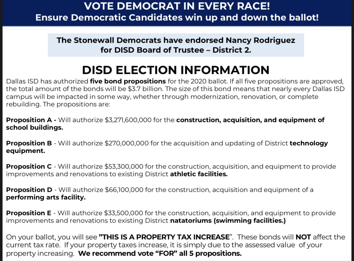 DallasDems1022's tweet photo. For more information on DISD bond propositions go here:  https://t.co/WeArb6SlC6 https://t.co/0zlbGMMIJC