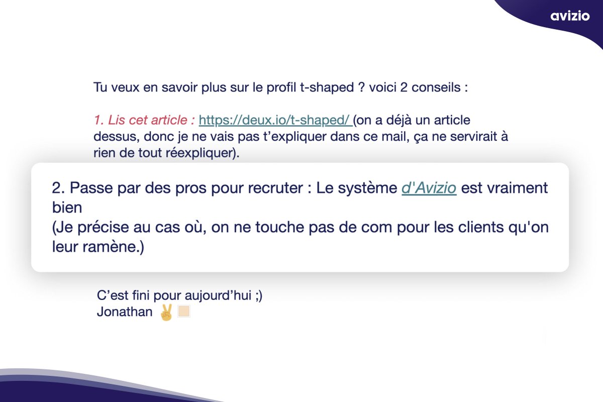 AvizioFR's tweet photo. 🙌 Toujours agréable d'être cités et reconnus par des experts !
@deuxio, cite dans leur très riche Newsletter formation, 2 conseils pour bien recruter et met en avant notre démarche de recrutement.

Pour la découvrir : https://t.co/OCRM13h5Gp https://t.co/pk8mgtaJ59