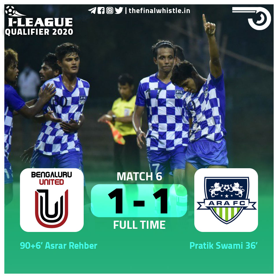Late Drama here at the Kalyani Stadium. Penalty goal from Rehber ensures a point for @bengaluruunited. 

#ILeague #ILeagueQualifiers #IndianFootball #BengaluruUnited #ARAFC