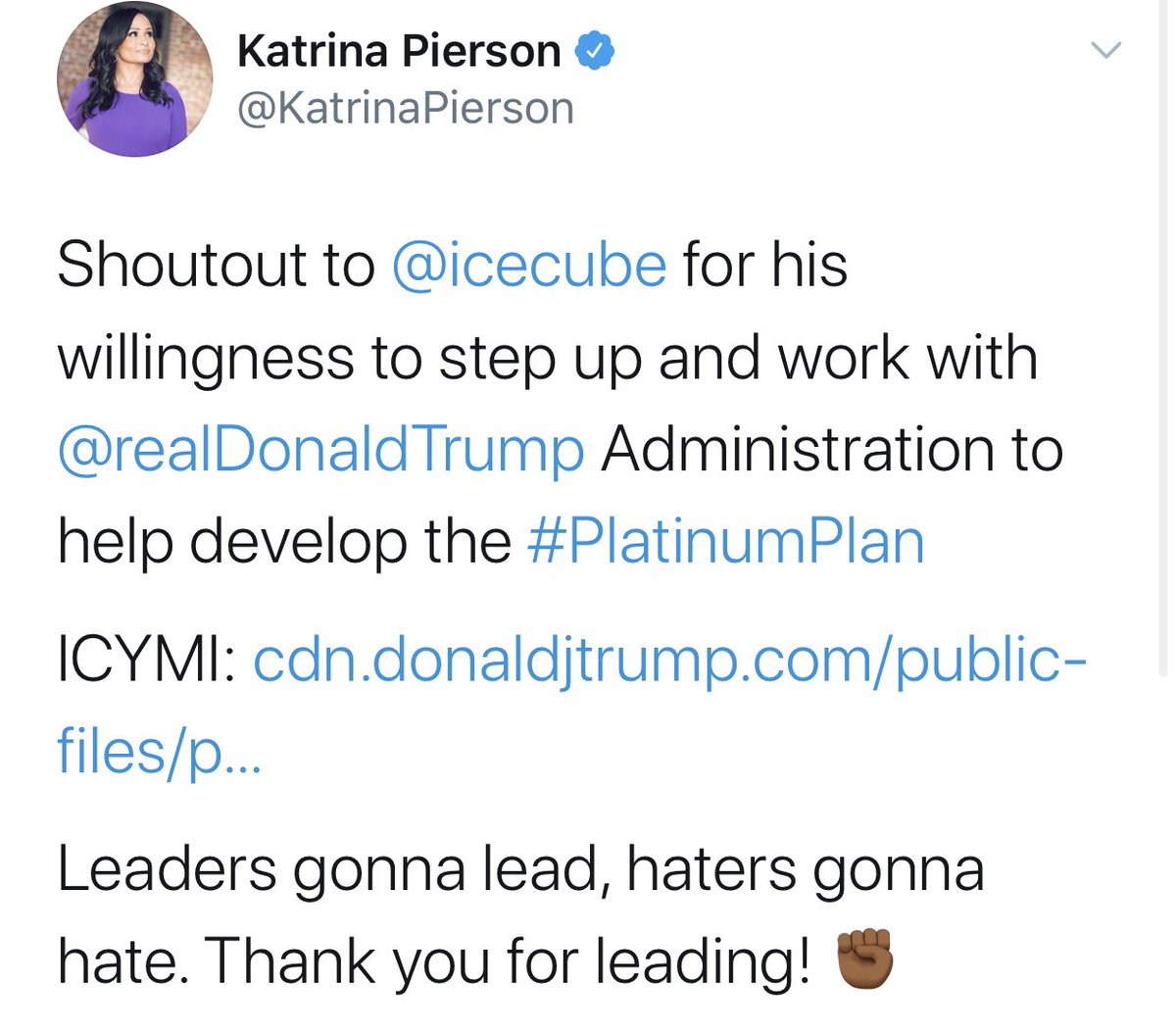 So @icecube has officially given the Trump campaign permission to reveal that he has been helping us develop President Trump’s groundbreaking black Trump platform: The Platinum Plan! “Leaders gonna lead, haters gonna hate! Thank you for leading,”- @KatrinaPierson