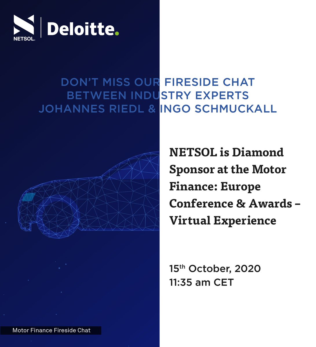 NETSOLTech's tweet photo. #NETSOL is a Diamond Sponsor at the Motor Finance: Europe Conference &amp; Awards - Virtual Experience!  We are super excited for the fireside chat between @JohannesRiedl (@NETSOLTech) &amp; Ingo Schmuckall (@Deloitte)! https://t.co/MWoiTNWtco #MFvirtual #JRLive #CaaS #digitalization https://t.co/r2LlHtQ9G2