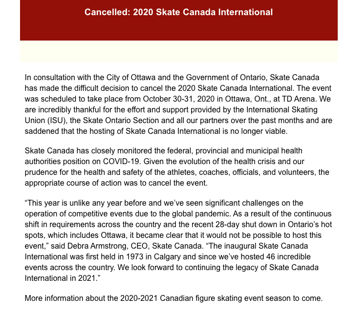 fsonline's tweet photo. .@SkateCanada announces the difficult decision to cancel Skate Canada International (#SCI2020), Oct. 30-31 in Ottawa. https://t.co/uOlzG6Cngy https://t.co/5MMJVivHp8