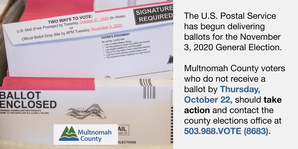 multco's tweet photo. 📢PLS SHARE: Ballots are in the mail today for the Nov. 3 General Election. If you don't receive your ballot by Thursday, Oct. 22, take action &amp; contact @MultCoElections at https://t.co/nDjimTcKSW! Sign up for @MultCoElections Track Your Ballot Service at: https://t.co/rpkFnmRavj https://t.co/Wda8hwsTM4