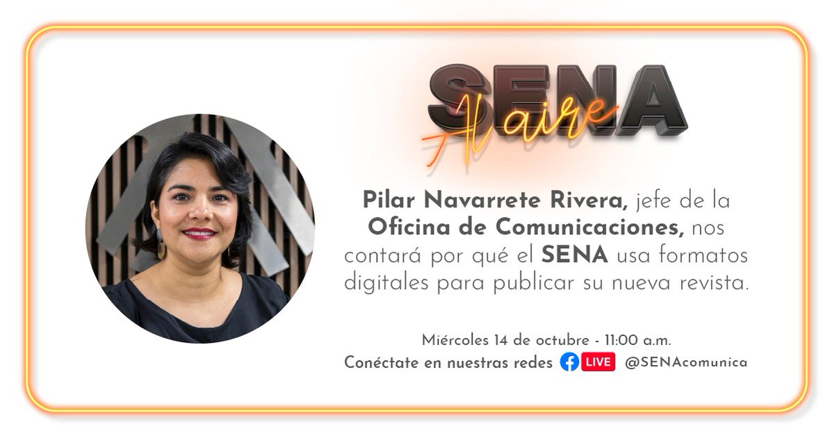 SENAComunica's tweet photo. Oye tú, recuerda la invitación que tienes HOY con el programa en vivo #SENAAlAire 🎥 |  La invitada de lujo @PiliNavarreteR, nos contará porqué nuestra revista también se metió en la onda de la era digital. 😋

Todos atentos a las 🕰️ 11:00 a.m., ¡es una cita! 🤗 https://t.co/4hgrfzSWvU