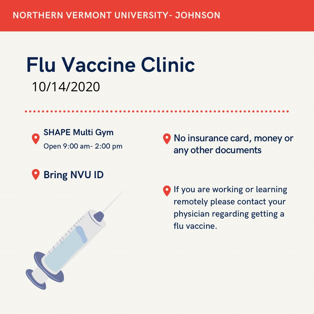NVU is hosting a flu clinic in the multi gym from 9am- 2pm. No insurance cards needed. Just bring your school ID.