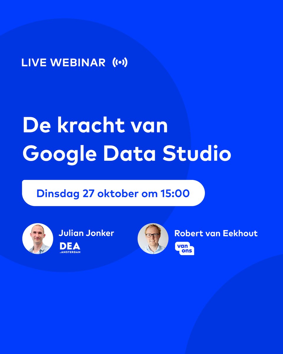Data driven marketing wordt steeds meer de standaard. Hoe creëer je orde binnen die data en hoe kun je de inzichten daaruit helder en overtuigend communiceren? Google Data Studio is je beste vriend! 

Leer meer over deze tool in het volgend webinar: zoom.us/webinar/regist…