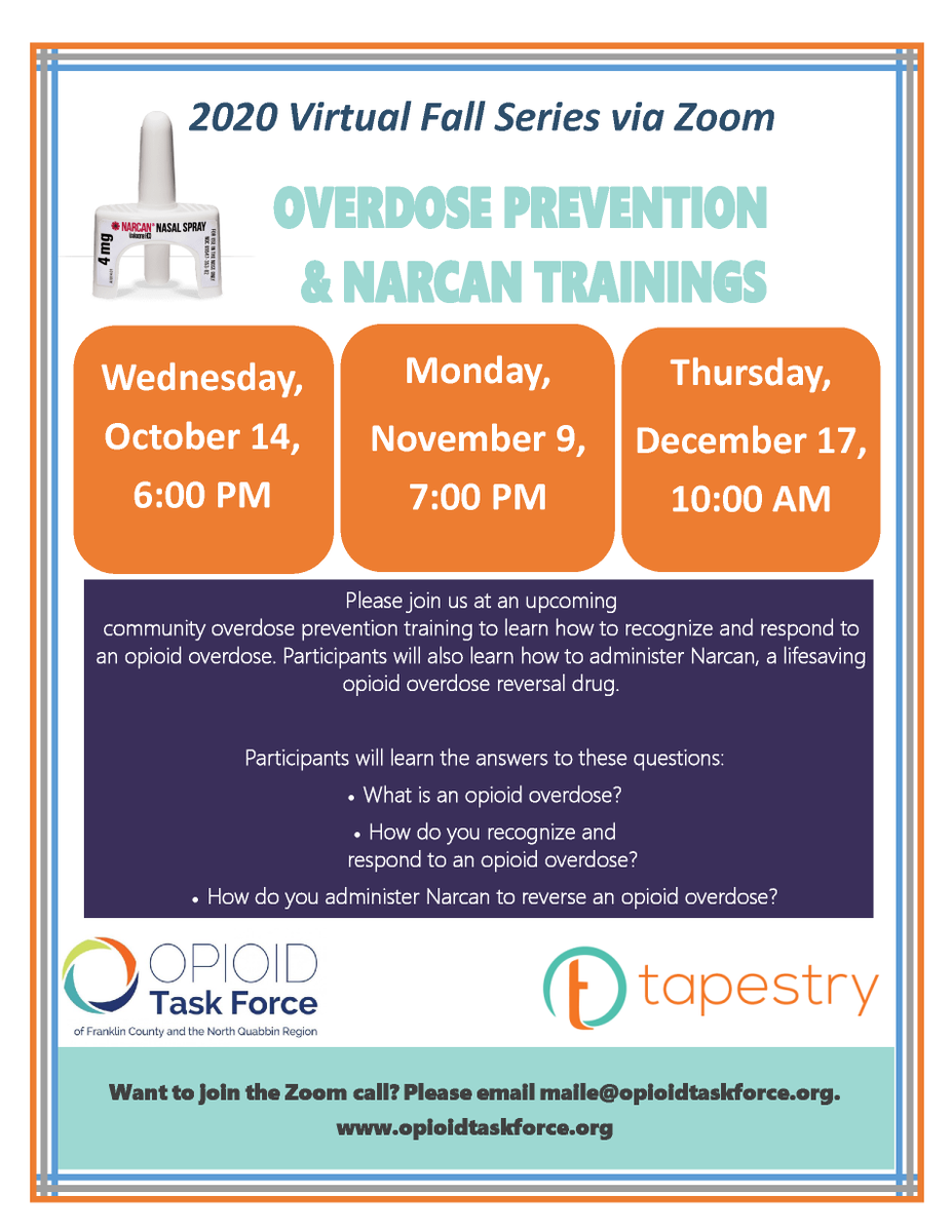 OpioidTaskForce's tweet photo. TODAY at 6 PM! Join us and the great folks at Tapestry for a Virtual Narcan Training! Want to join? Register here: https://t.co/dtfK0VN4dX
#naloxone #harmreductionsaveslives #opioidtaskforce https://t.co/e49xU9u0el