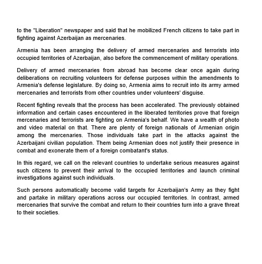 We urge all countries to take actions to stop their nationals' involvement in the hostilities against Azerbaijan and innocent civilians as mercenaries in the ranks of #Armenia's armed forces. #stopArmenia #merceneries