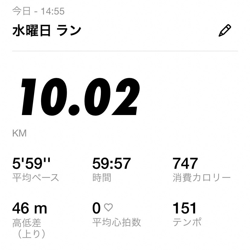 【7日目終了】

ついに10km1時間きれました！
身体鍛えるのが目的だけど時間はやくなるのはふつうにうれしいです😀
筋トレは少しずつ負荷をあげていこうかなと思ってます🙂