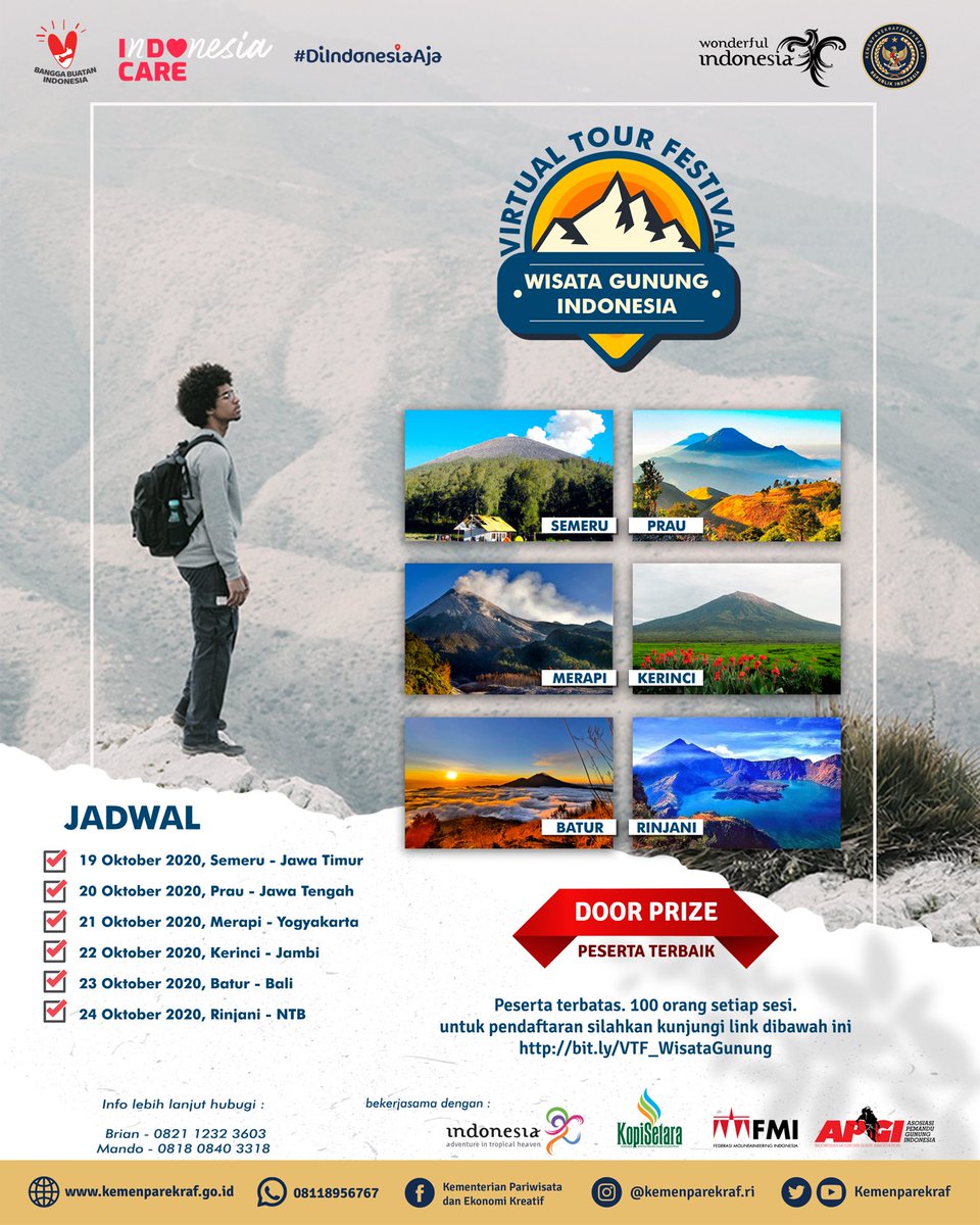 Virtual Tour Festival Wisata Gunung Indonesia 2020.
Sebuah acara jelajah destinasi wisata gunung di Indonesia yang dilakukan secara virtual.
Daftarkan diri Kamu sekarang juga melalui :
https://t.co/o1U2RGLDoK
#wonderfulIndonesia
#KopiSetara #APGI #FMI #virtualtourfestival https://t.co/nd5BYn47gy