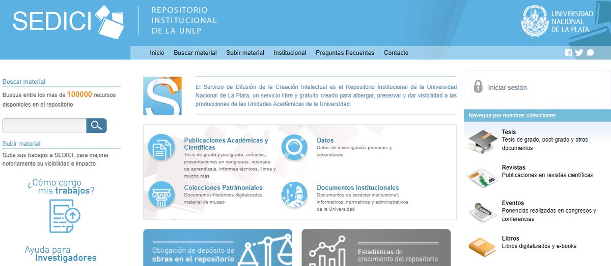 unlp's tweet image. El repositorio institucional @sedici_unlp alcanzó los 100.000 recursos indexados!! La producción intelectual de la #UNLP a disposición en forma gratuita -sin restricciones ni requerimientos de registro, suscripción o pago-. Creemos en el #AccesoAbierto, somos #UniversidadPública