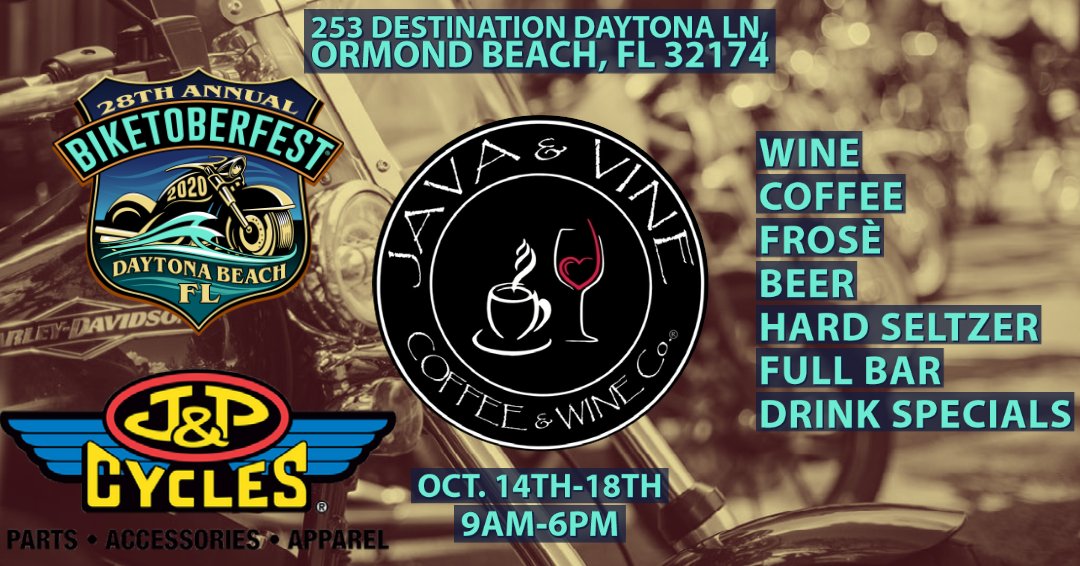 JavaandVine's tweet photo. Stop by J&amp;P Cycles at Destination Daytona for your daily coffee, wine &amp; cocktails! We will be there today thru Sun, 9am-6pm
#biketoberfest #biketoberfest2020 #daytonabeach #daytona #destinationdaytona #citruscounty #crystalriver #crystalriverflorida #coffee #wine #foodtruck https://t.co/7rpKA0mPBp